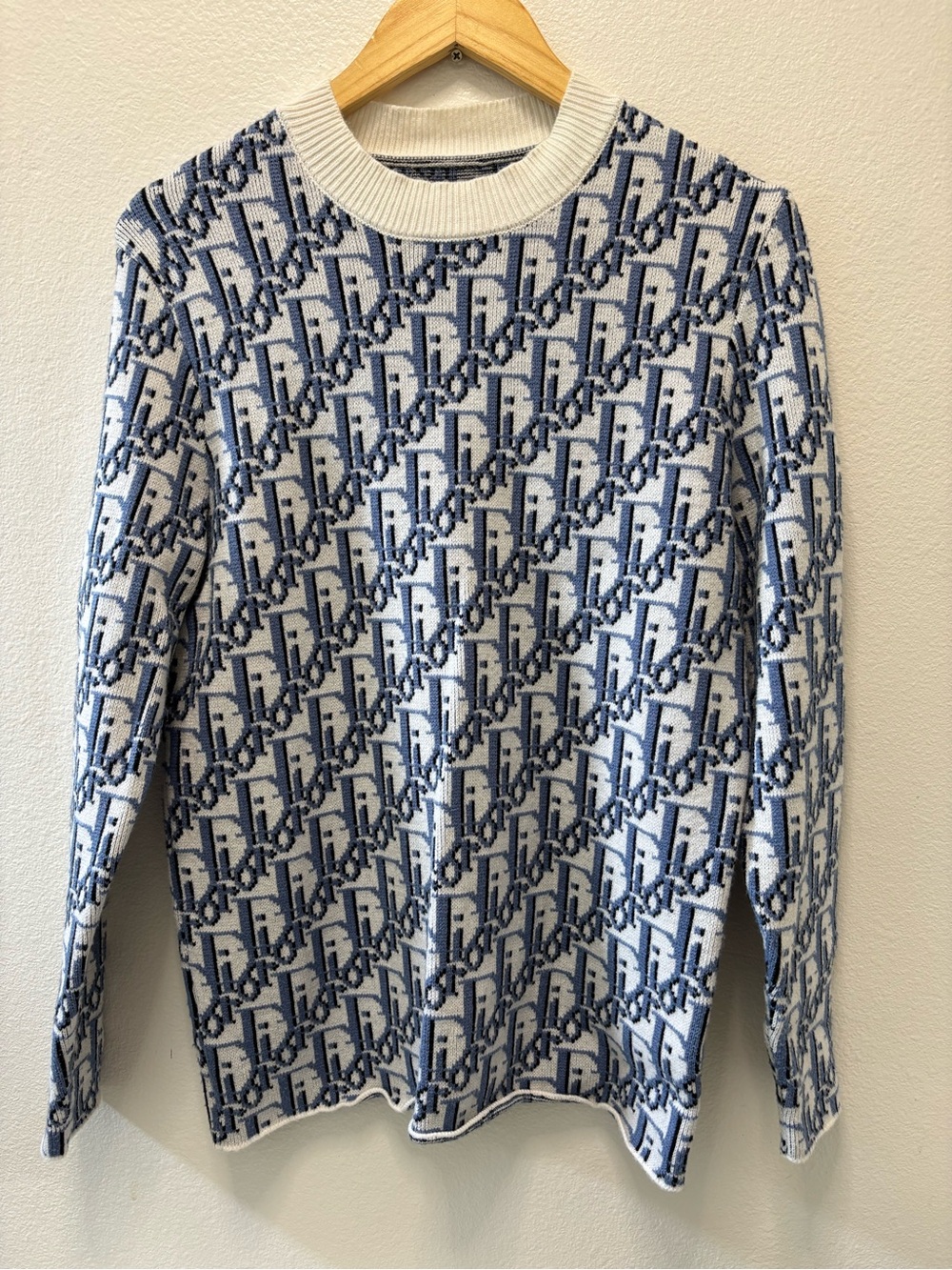Dior Blue & White Logo Jacquard Crewneck Sweater